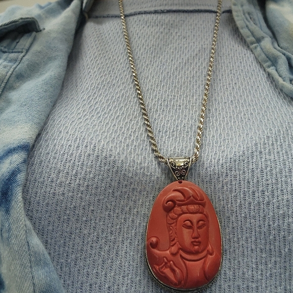 Vintage Sterling‎ and cinnabar Buddha necklace NWOT - Picture 2 of 16